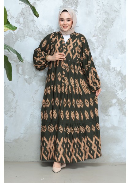 Desenli Haki Tesettür Elbise 30052HK fiyatları