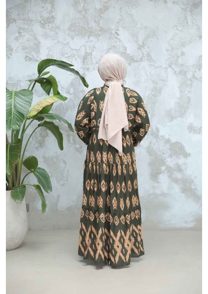 Desenli Haki Tesettür Elbise 30052HK modelleri