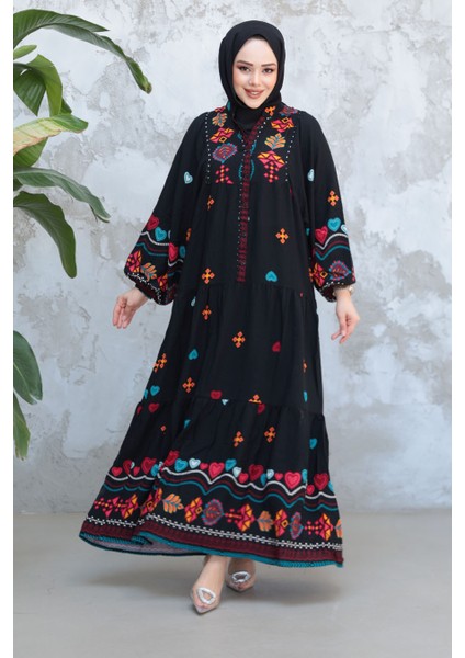Desenli Siyah Tesettür Elbise 18244S
