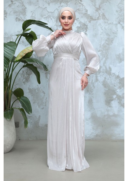 Drape Detaylı Taş Tesettür Abiye Elbise 50921TAS