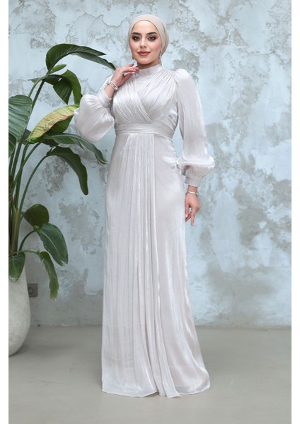 Drape Detaylı Taş Tesettür Abiye Elbise 50921TAS