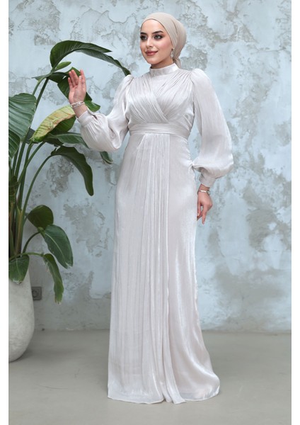 Drape Detaylı Taş Tesettür Abiye Elbise 50921TAS