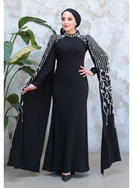 Kolları Pelerinli Siyah Tesettür Abiye Elbise 51681S