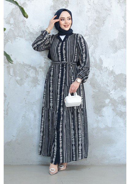 Desenli Lacivert Tesettür Elbise 23921L