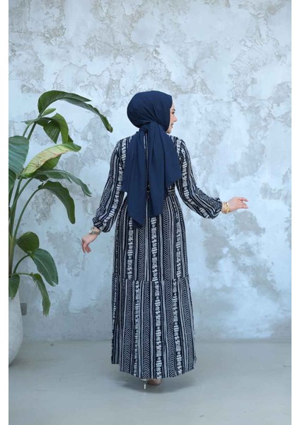 Desenli Lacivert Tesettür Elbise 23921L modelleri