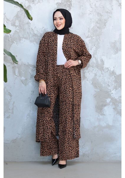 Leopar Desenli Tesettür Ikili Kimono Takım 12882LP modelleri