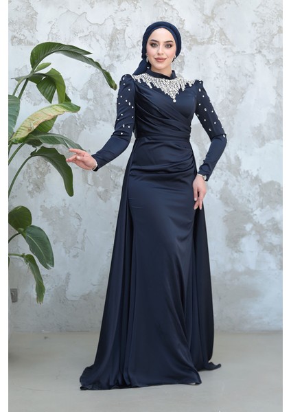 Kuyruklu Lacivert Tesettür Saten Abiye Elbise 51312L