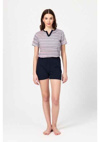 Erkek Lacivert Şortlu Takım Çizgili Desenli Pamuk,pijama,plaj,spor