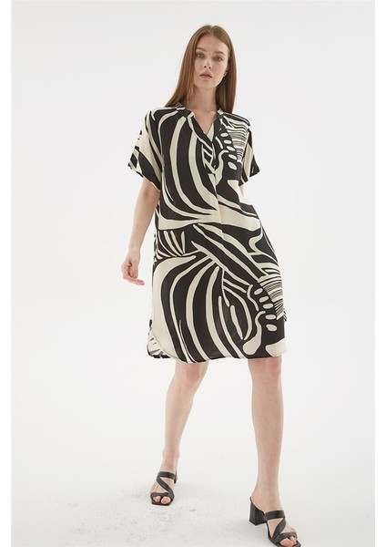 Viskon Elbise Siyah Desenli