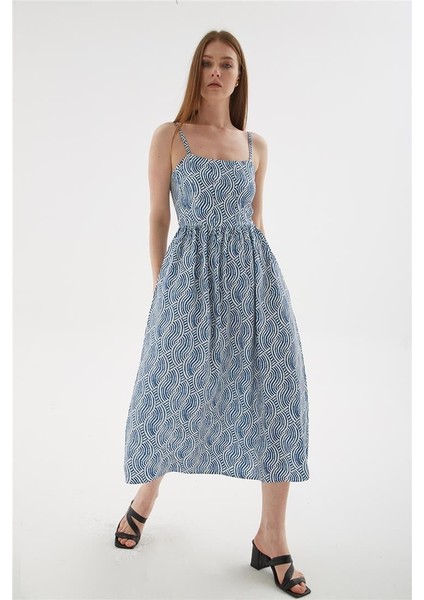 Askılı Desenli Viskon Elbise Mavi modelleri
