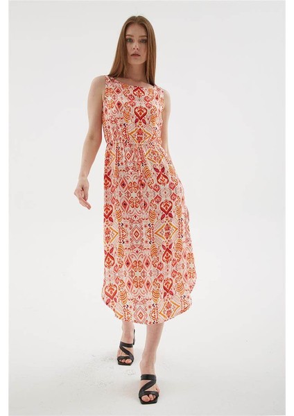 Desenli Viskon Elbise Ekru