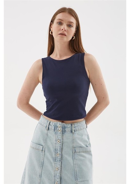 Kolsuz Crop Bluz Lacivert