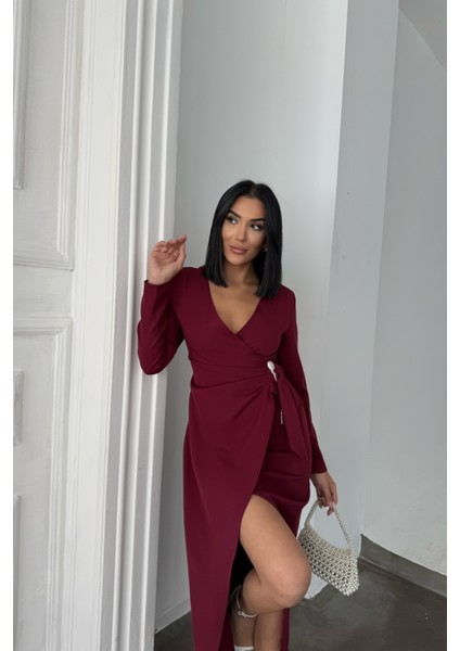 Bordo Kruvaze Broş Detaylı Elbise fiyatları