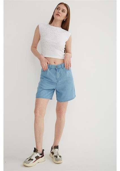 Yüksel Bel Tencel Denim Şort Mavi fırsatları
