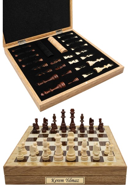 Kutulu Ahşap Satranç ve Dama Takımı | Kişiye Özel Metal Etiketli | 36CM Ahşap Meşe Desenli Kutulu Satranç Takımı