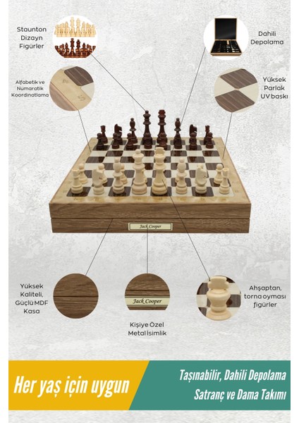 Kutulu Ahşap Satranç ve Dama Takımı | Kişiye Özel Metal Etiketli | 36CM Ahşap Meşe Desenli Kutulu Satranç Takımı indirimleri