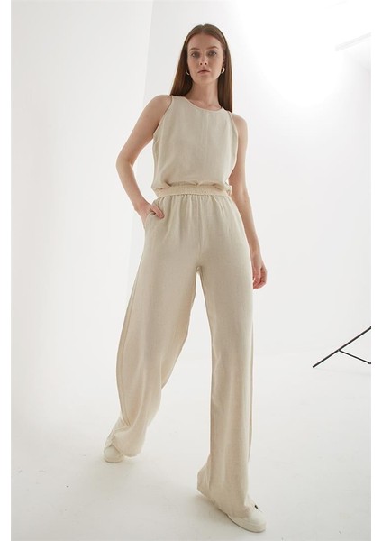 Beli Lastikli Geniş Paça Keten Pantolon Natural