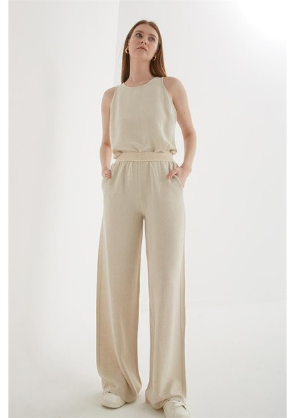 Beli Lastikli Geniş Paça Keten Pantolon Natural fiyatları