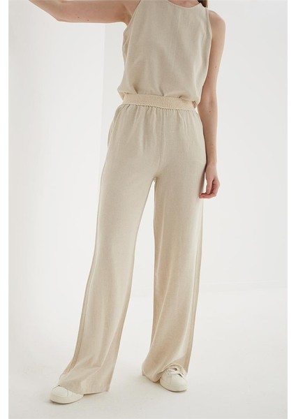 Beli Lastikli Geniş Paça Keten Pantolon Natural modelleri