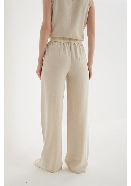Beli Lastikli Geniş Paça Keten Pantolon Natural fırsatları