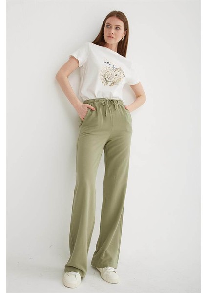 Lastikli Geniş Paça Keten Pantolon Haki