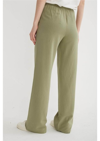 Lastikli Geniş Paça Keten Pantolon Haki fırsatları