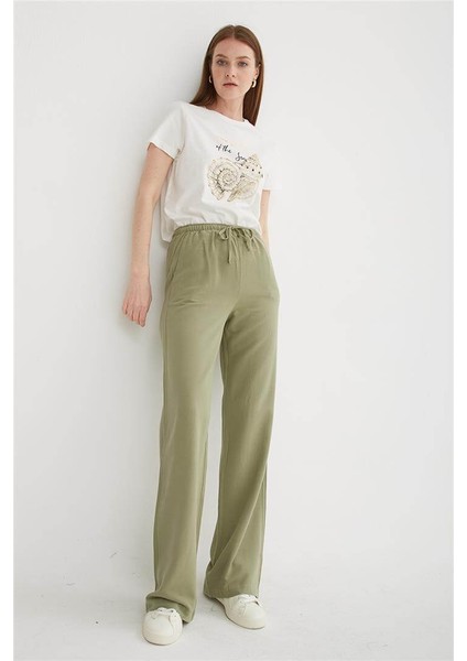 Lastikli Geniş Paça Keten Pantolon Haki indirimleri
