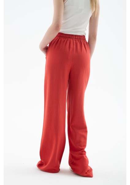 Yüksel Bel Geniş Paça Keten Pantolon Kiremit fırsatları