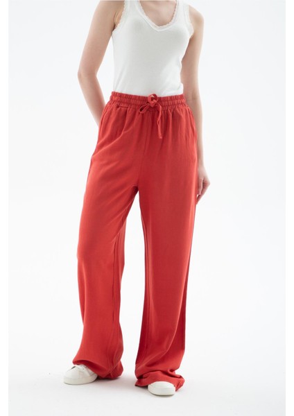 Yüksel Bel Geniş Paça Keten Pantolon Kiremit indirimleri