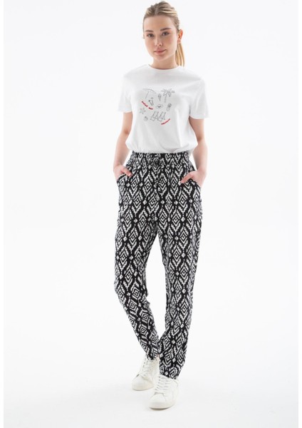Viskon Rahat Lastikli Desenli Pantolon Siyah