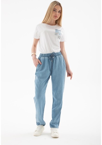 Beli Bağlamalı Lastikli Tencel Denim Pantolon A.mavi