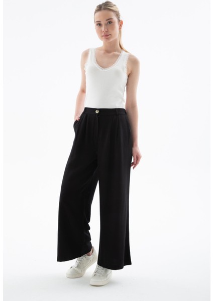Lastikli Geniş Paça Keten Pantolon Siyah