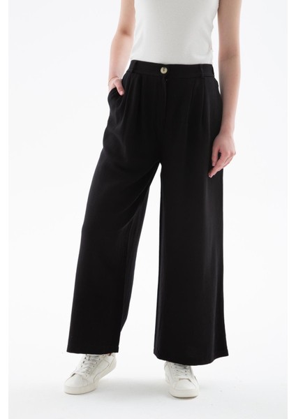 Lastikli Geniş Paça Keten Pantolon Siyah modelleri