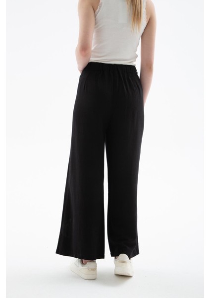 Lastikli Geniş Paça Keten Pantolon Siyah fırsatları