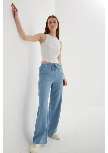 Lastikli Geniş Paça Keten Pantolon Mavi fiyatları