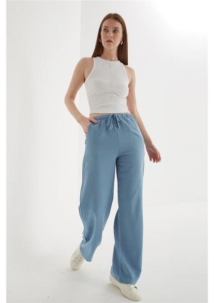 Lastikli Geniş Paça Keten Pantolon Mavi modelleri