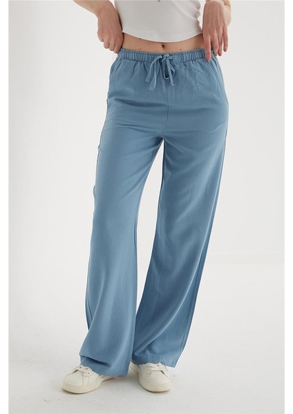 Lastikli Geniş Paça Keten Pantolon Mavi fırsatları