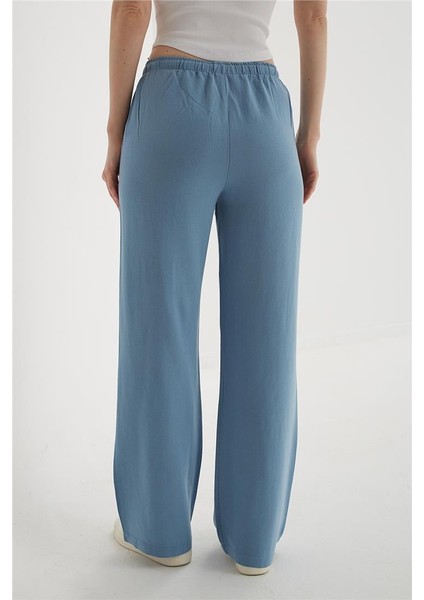 Lastikli Geniş Paça Keten Pantolon Mavi indirimleri