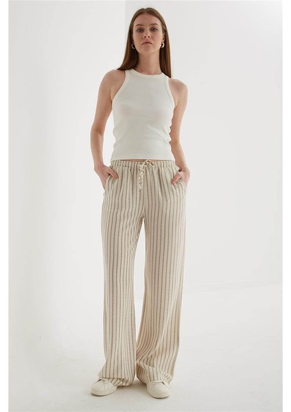 Rahat Lastikli Keten Pantolon Gri Çizgili fiyatları