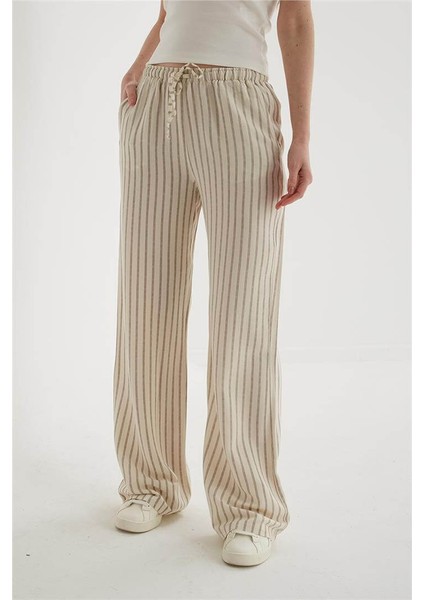 Rahat Lastikli Keten Pantolon Gri Çizgili modelleri