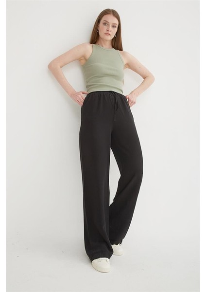 Yüksel Bel Geniş Paça Keten Pantolon Siyah fiyatları