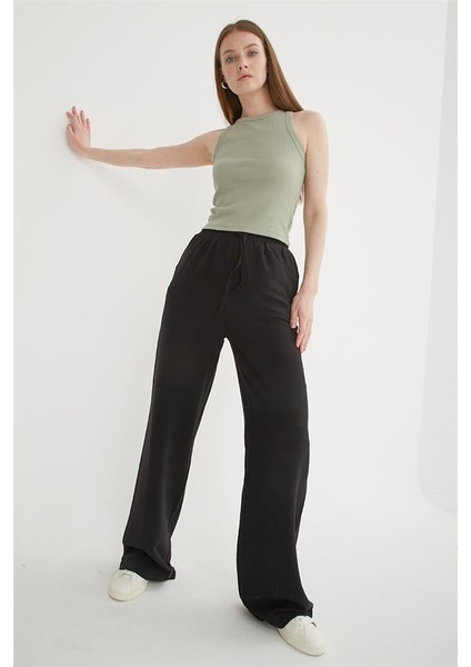 Yüksel Bel Geniş Paça Keten Pantolon Siyah fırsatları