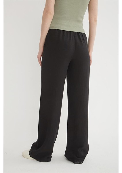Yüksel Bel Geniş Paça Keten Pantolon Siyah indirimleri