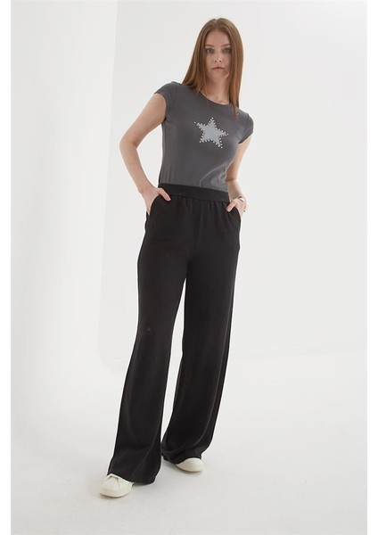 Beli Lastikli Geniş Paça Keten Pantolon Siyah