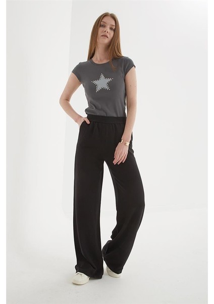 Beli Lastikli Geniş Paça Keten Pantolon Siyah fiyatları