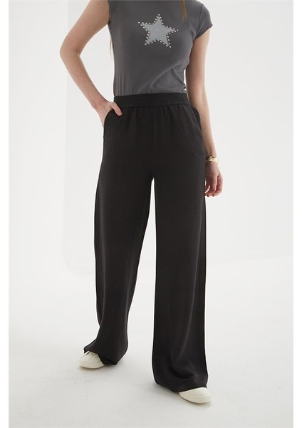 Beli Lastikli Geniş Paça Keten Pantolon Siyah modelleri