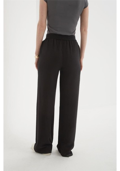 Beli Lastikli Geniş Paça Keten Pantolon Siyah fırsatları