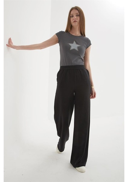 Beli Lastikli Geniş Paça Keten Pantolon Siyah indirimleri