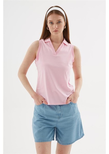 Polo V Yaka Kolsuz Esnek Pamuklutişört Pembe