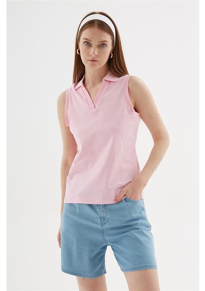 Polo V Yaka Kolsuz Esnek Pamuklutişört Pembe modelleri